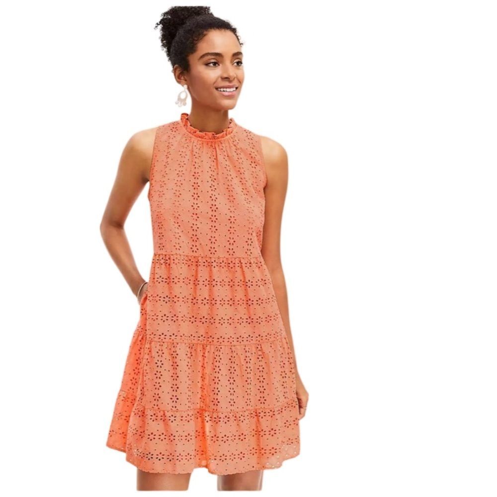 Loft Eyelet Tiered Swing Flowy Mini Dress Women’s Medium in Lively Coral